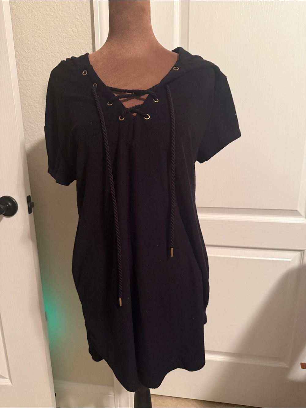 Black Lace-Up Hooded Short Sleeve Swim Cover up